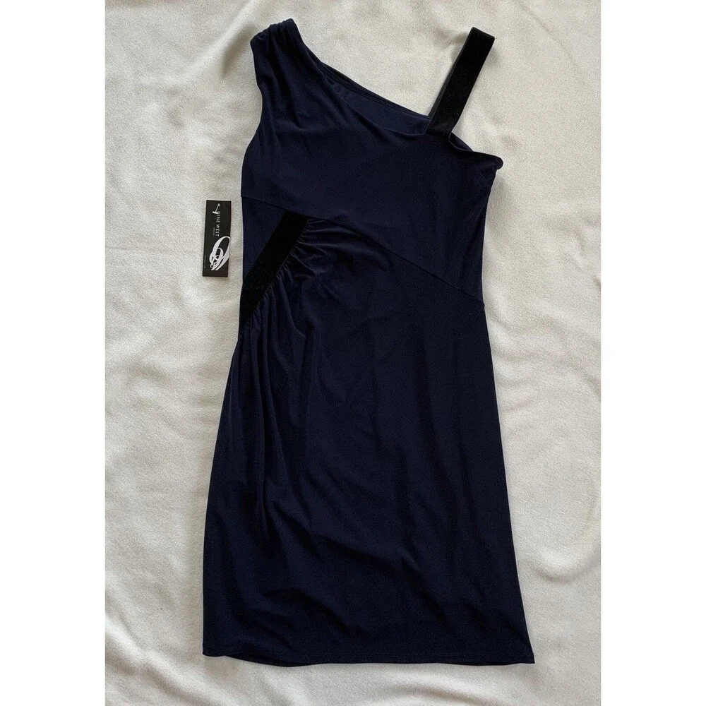 NINE WEST Indigo Blue Sheath Velvet Velour Sleeveless Dress Women's Size 12 NWT - Picture 2 of 12